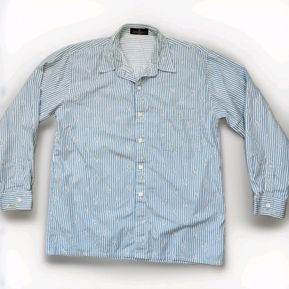 Montagut Paris Blue White Stripe Floral Button Up Shirt Oversized Women Sz M EUC